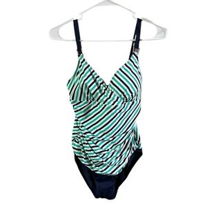 EUC RALPH LAUREN *Navy Blue Stripe One Piece Swimsuit *Size 10 *Padded*Crossover